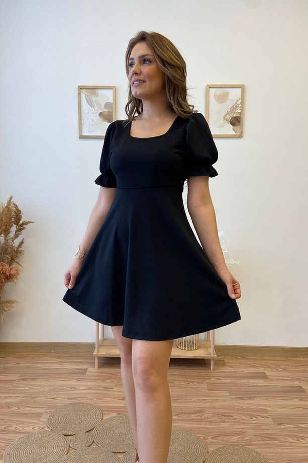 Karpuz Kol Kare Yaka Mini Kloş Elbise - 6