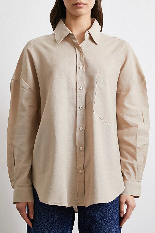 Cepli Oversize Keten Gömlek Bej - 3