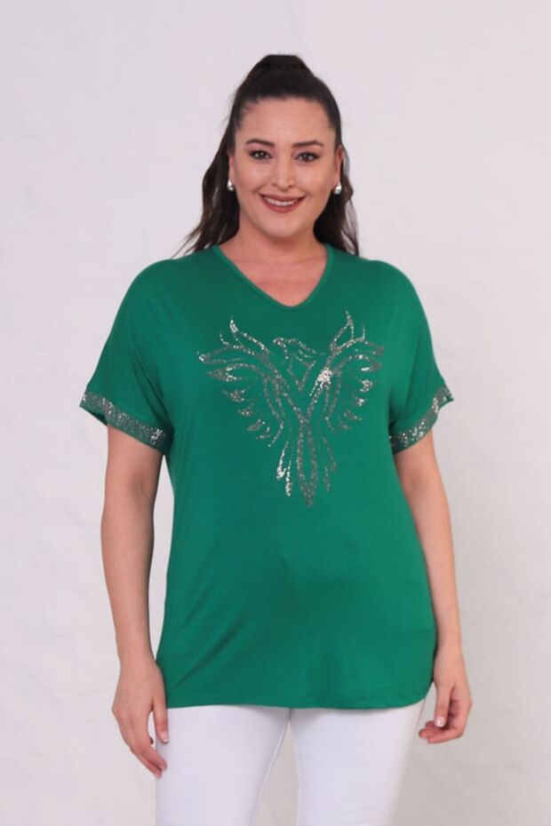 Women's Plus Size Short Sleeve T-Shirt with Stone Print on Front and Sleeve Part