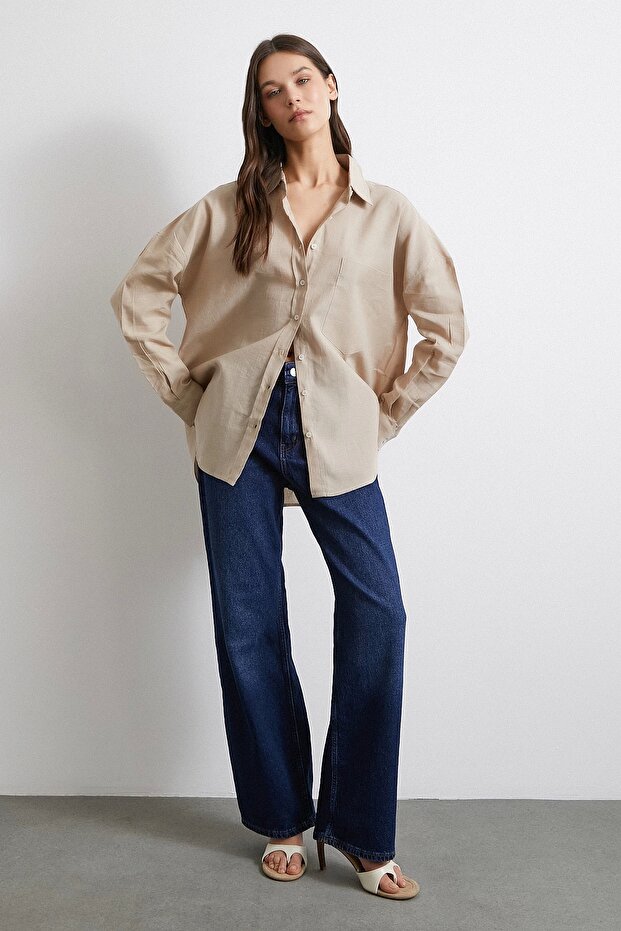 Cepli Oversize Keten Gömlek Bej - 5