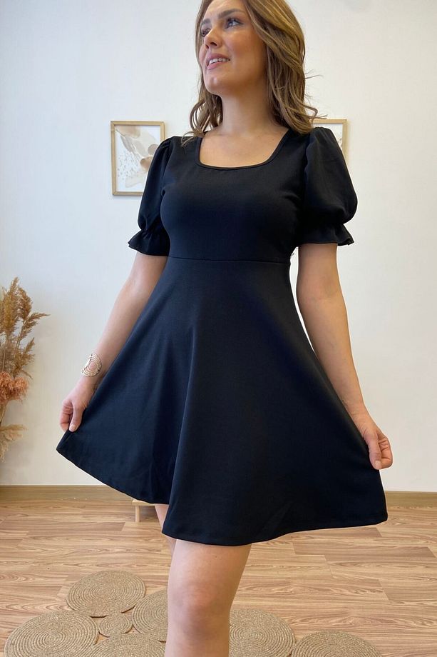 Karpuz Kol Kare Yaka Mini Kloş Elbise - 5