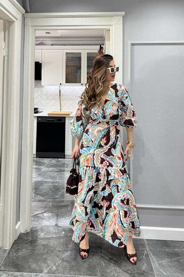Desenli Önü Dekolteli Poplin Elbise Multi Color - 1