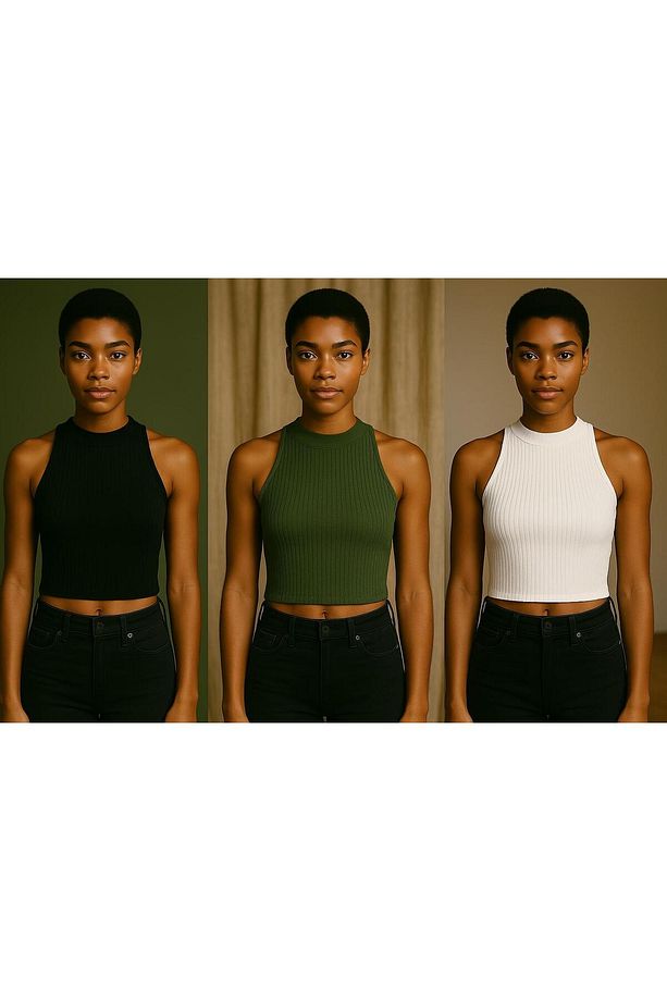 Kadın 3 lü Adet Fitilli %100 PAMUKLU Örme Kaşkorse Crop ATlet Bluz - 1
