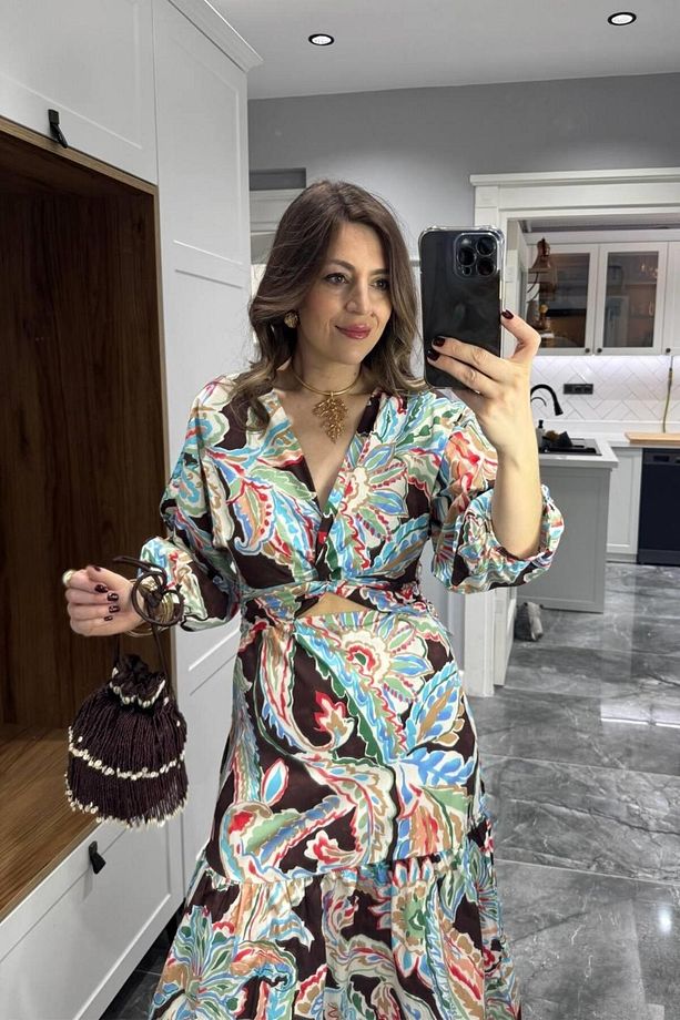 Desenli Önü Dekolteli Poplin Elbise Multi Color - 4