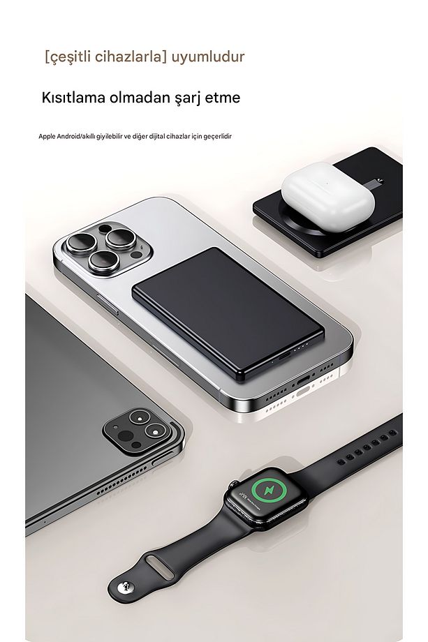 5000mAh Ultra Slim Hafif Powerbank - Güçlü Magsafe - 15W Hızlı Şarj - Taşınabilir Batarya - 3