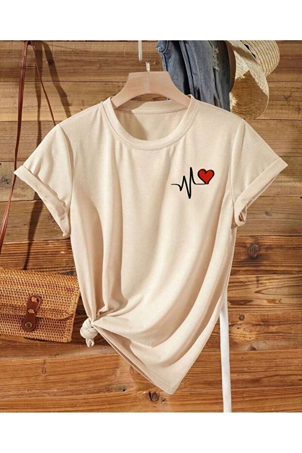 Oversize Heart Rhythm Printed Beige Relaxed Fit T-Shirt Unisex