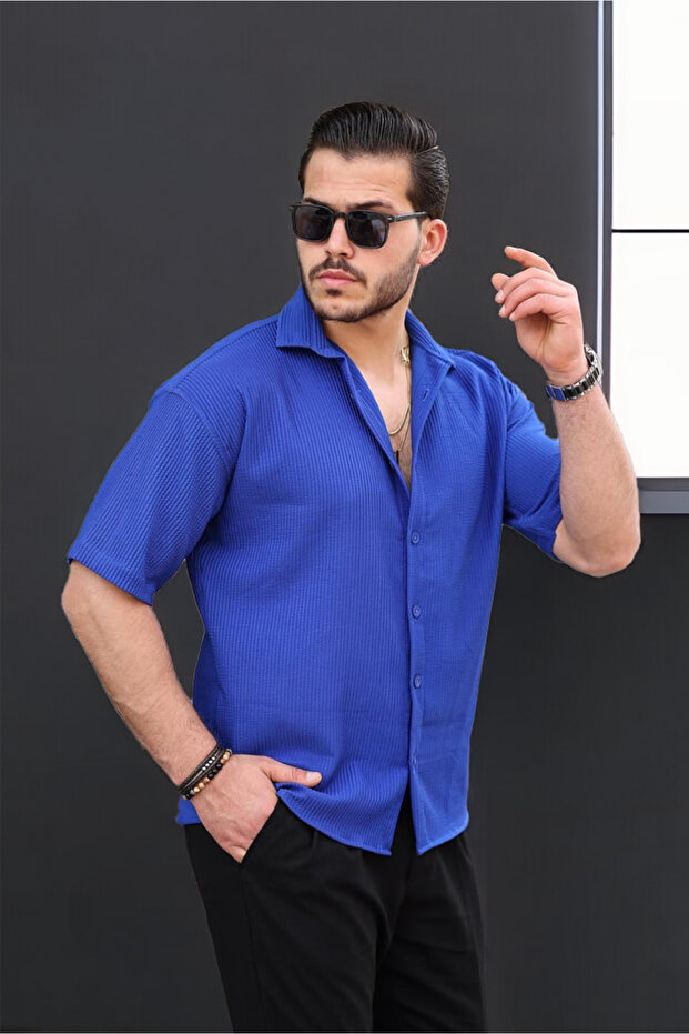 Oversized Corded Fabric Short-Sleeve Shirt - Parliament Blue