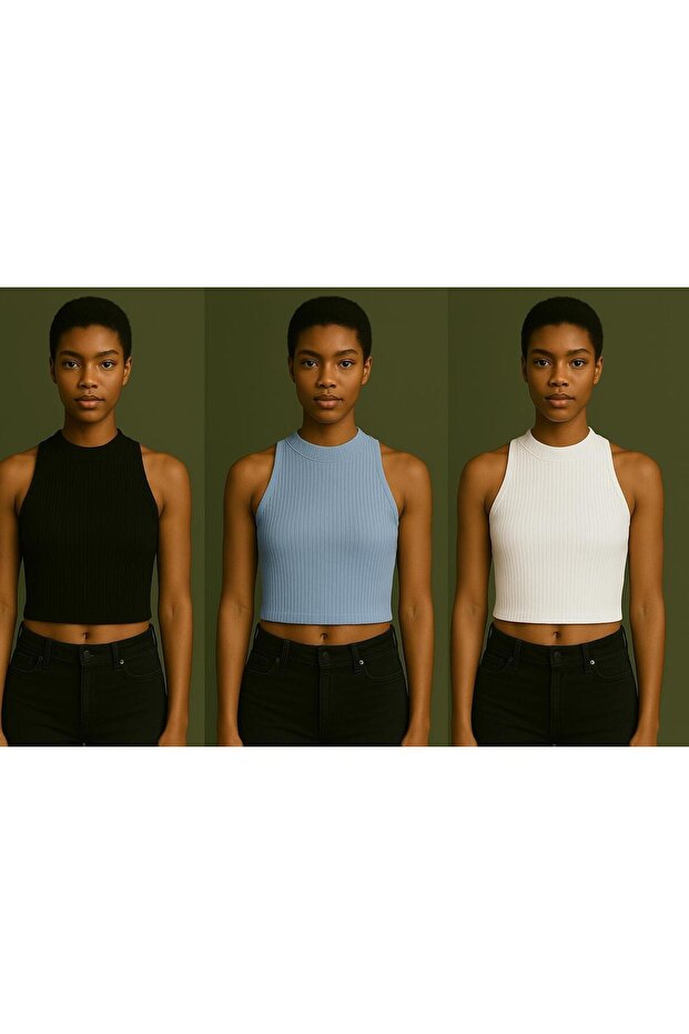 Women's 3-Piece Ribbed 100% Cotton Knitted Camisole Crop Athlete Blouse