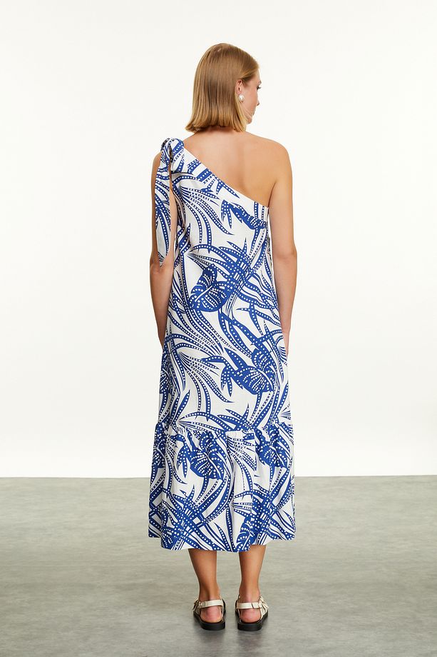 Floral Baskılı Tek Omuz Midi Elbise - 3