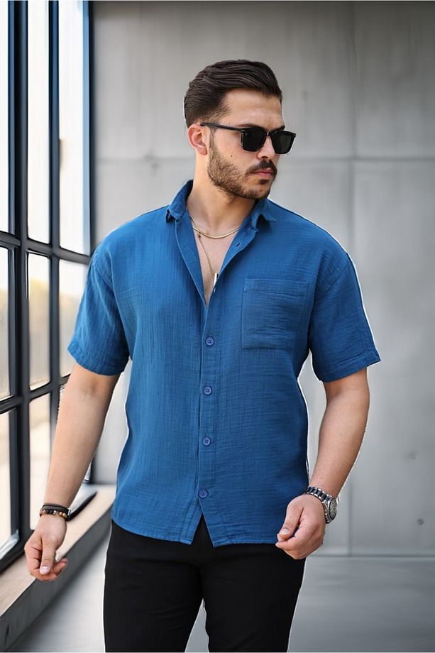 Müslin Kumaş Tek Cepli Gömlek- Indigo - 1