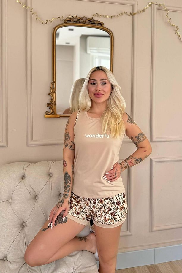 Bej Wonderful Desenli Sıfır Kol Şortlu Örme Kadın Pijama Takımı - 4