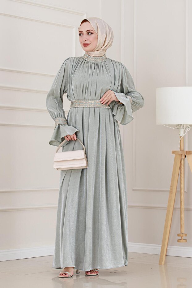 Sleeve Flounce Embroidery Detailed Evening Dress-Mint Green