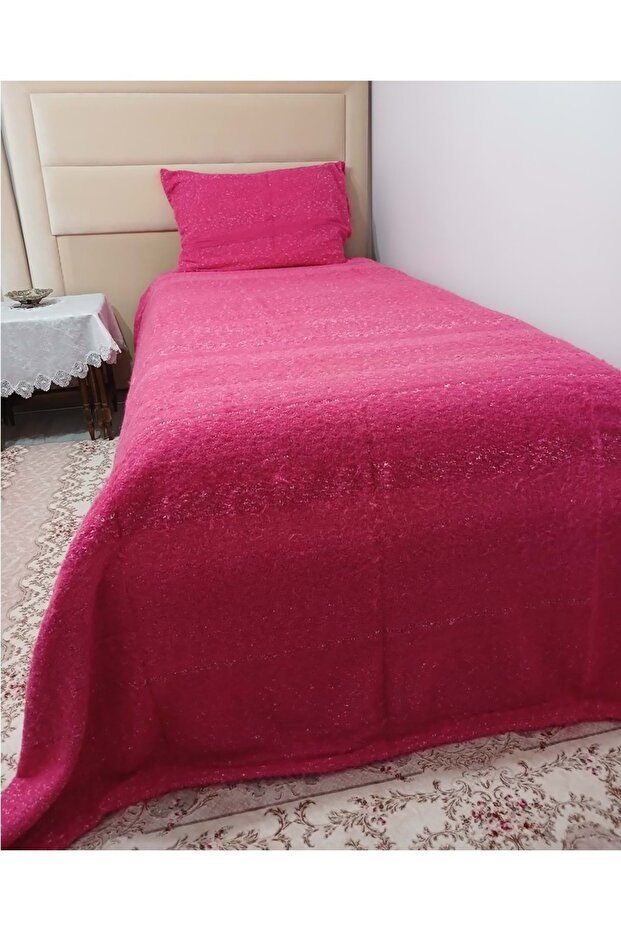 Tavşan Tüyü El Dokuma Yumuşak Dokulu Tek Kişilik Yatak Örtüsü (160x240)-Pembe - 1