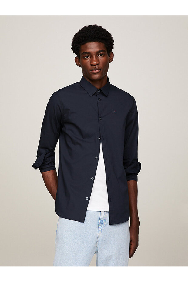 Men's Brand Logo Stretch Cotton Semi-Flat Collar Stylish Looking Shirt Suitable for Daily Use