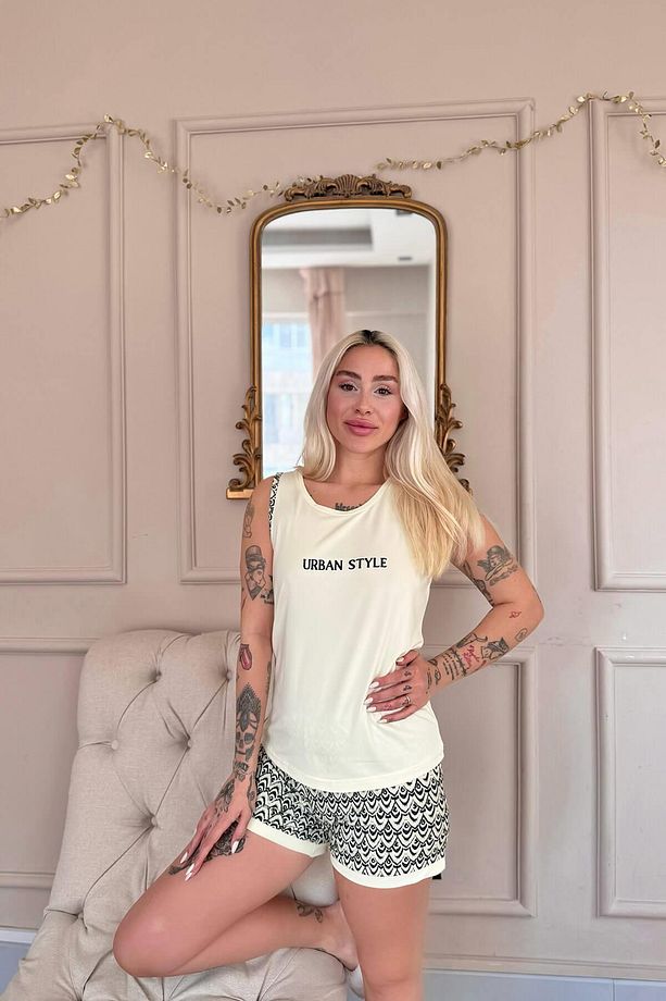 Krem Urban Style Desenli Sıfır Kol Şortlu Örme Kadın Pijama Takımı - 4