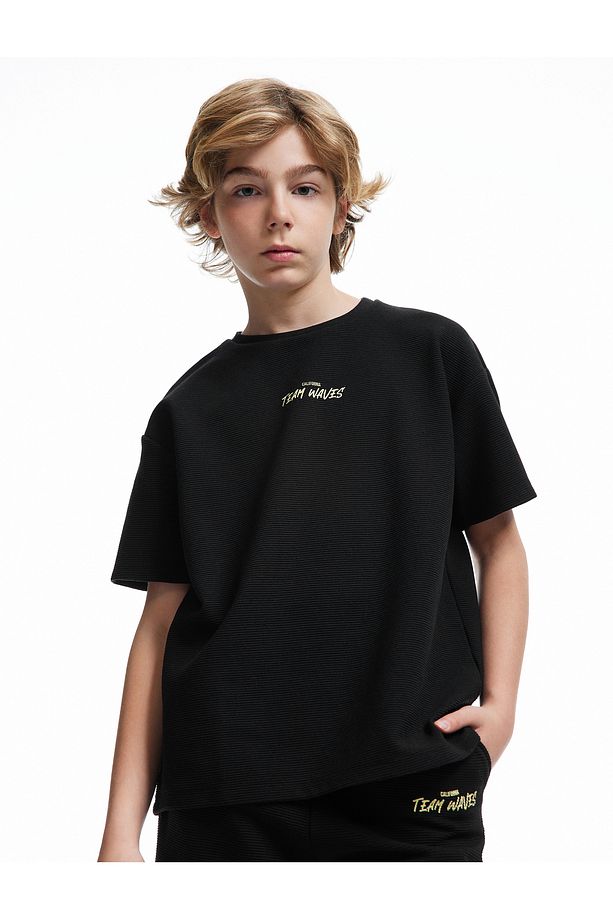 Slogan Baskılı Kısa Kollu Bisiklet Yaka Oversize Tişört - 2