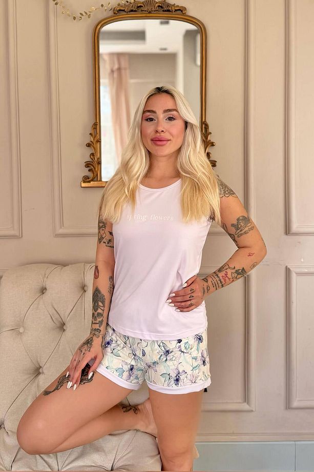 Lila Spring Flowers Desenli Sıfır Kol Şortlu Örme Kadın Pijama Takımı - 5