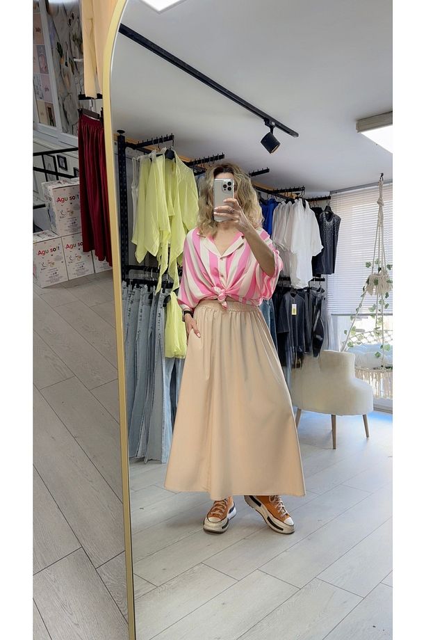 Bej Rengi Salaş Beli Lastikli Midi Etek - 3