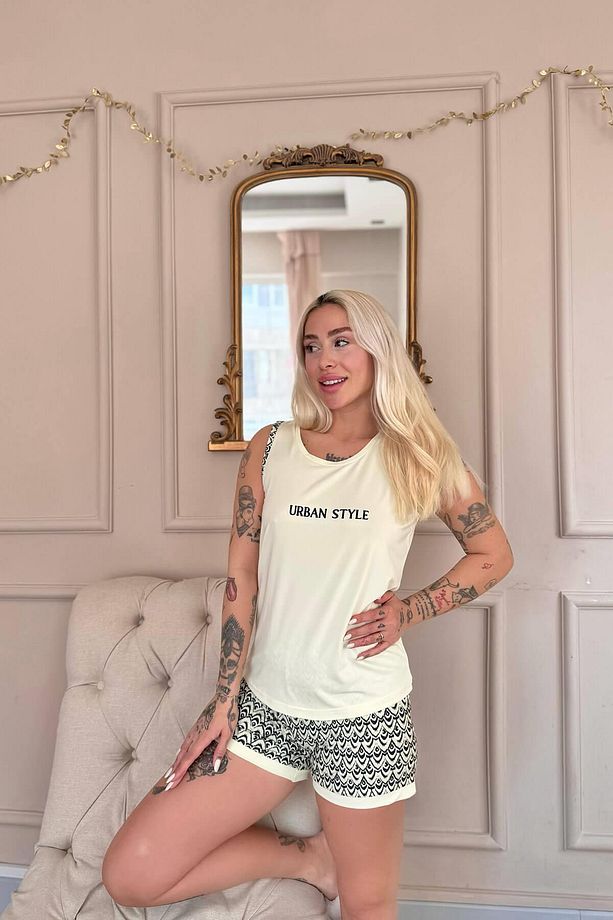 Krem Urban Style Desenli Sıfır Kol Şortlu Örme Kadın Pijama Takımı - 3