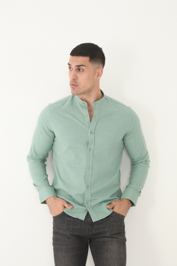 Sage Green Blazer Collar Lycra Linen Cotton Slim Fit Shirt