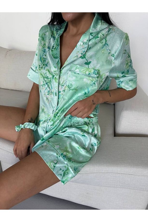 İpek Saten Şortlu Pijama Takımı-M - 5