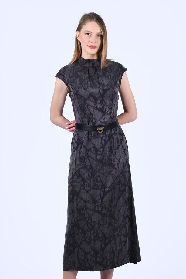 Kahve Desenli Kemerli Midi Elbise - QE334 - 1