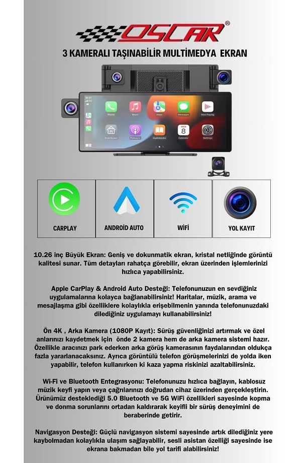 10.26" TAŞINABİLİR APPLE CARPLAY VE ANDROİD ÜÇ KAMERALI TÜRKÇE MENÜ ÇAKMAKLIKLI ARAÇ MULTİMEDYA - 5