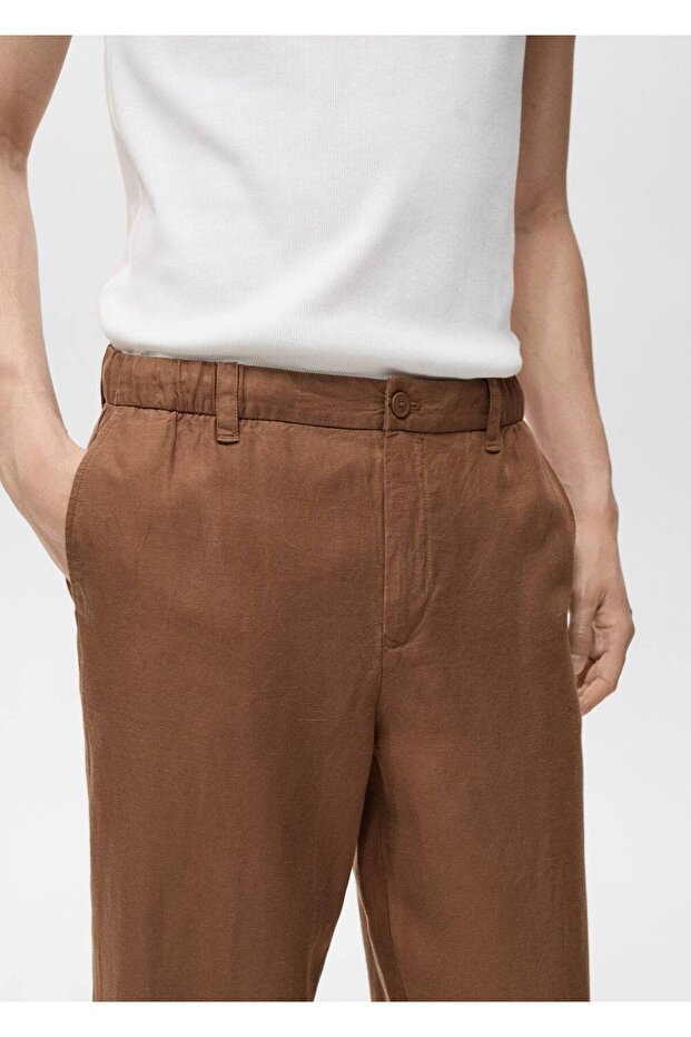 Keten karışımı elastik belli pantolon - 6