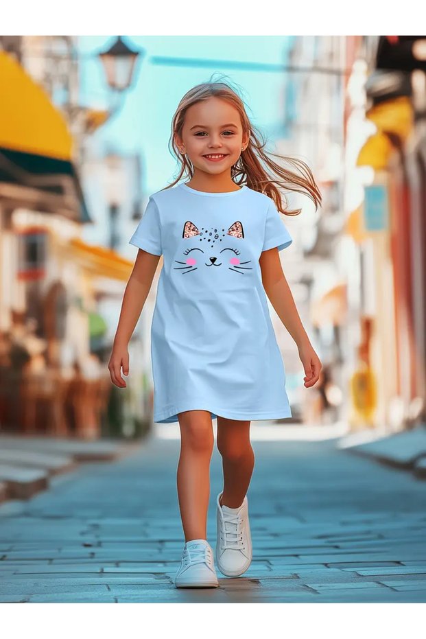Girl's Baby Blue Kitten Printed T-Shirt-Dress