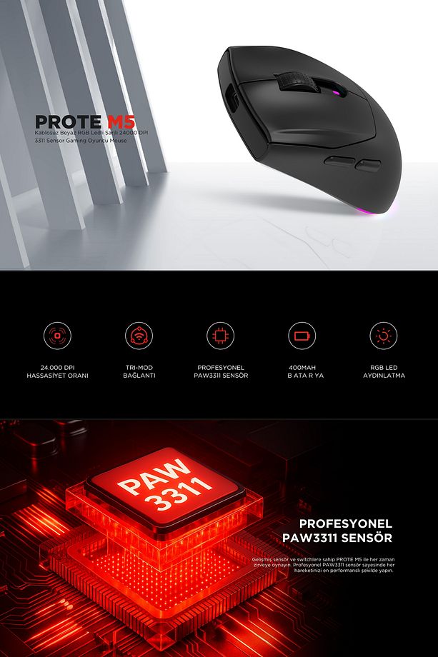 Prote M5 Bluetooth-kablosuz-kablolu Rgb Şarjlı 24000 Dpı 3311 Hafif Gaming Mouse Oyuncu Mouse Siyah - 3