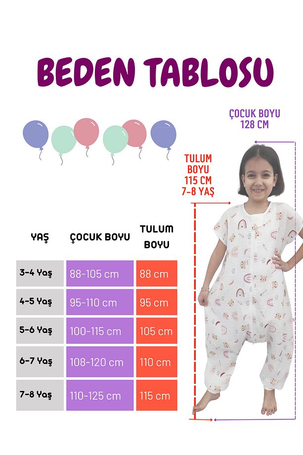 Yazlık Müslin Bebek Çocuk Uyku Tulumu Pembe Ayıcık Desenli 0.5 TOG 24-28Derece %100Pamuk - 5