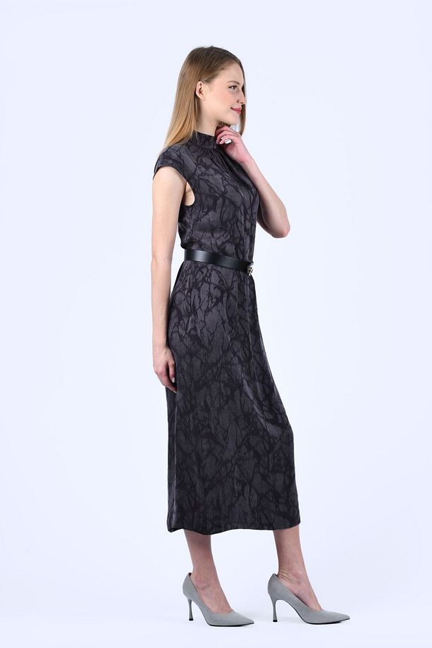 Kahve Desenli Kemerli Midi Elbise - QE334 - 5