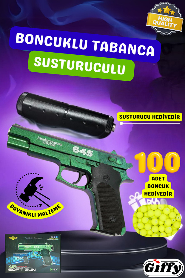 Oyuncak Boncuklu Tabanca 100 Adet Boncuk Hediyeli Kutulu Susturuculu Sağlam Metal Kasa Gerçekçi - 1