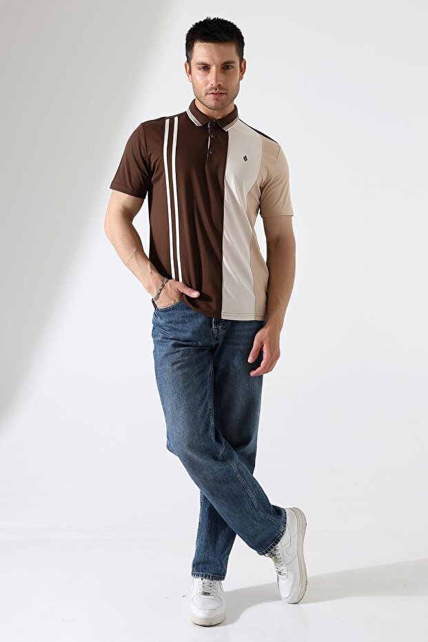 Men's Striped Stripe Detailed Cotton Polo Neck T-Shirt