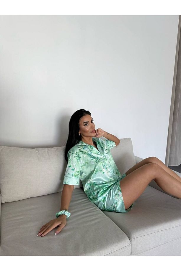 İpek Saten Şortlu Pijama Takımı-M - 6