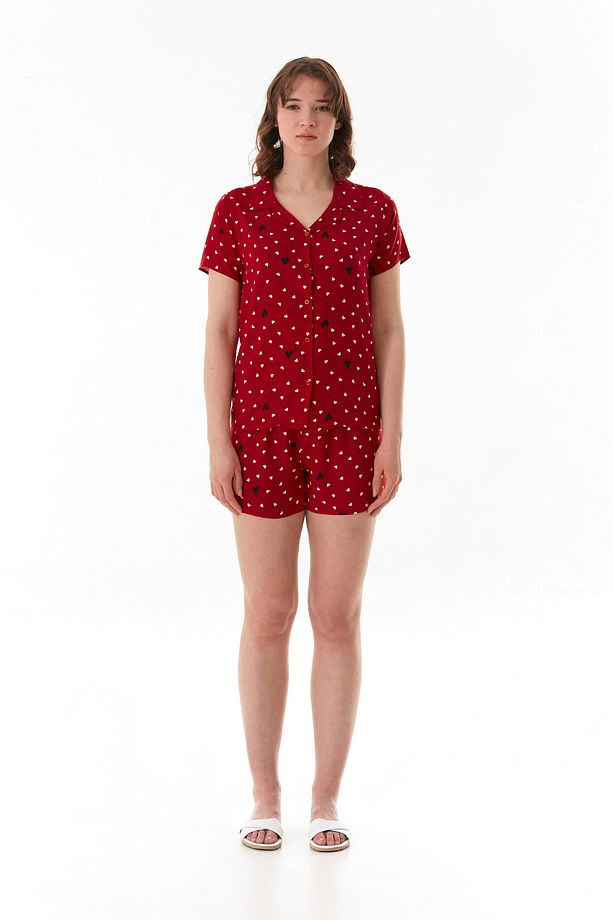 Kalp Desenli Gömlek Yaka Şortlu Pijama Takımı - 8