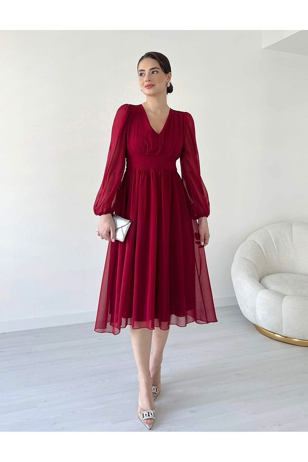 Bordo V Yaka Tül Kollu Midi Şifon Elbise - 2