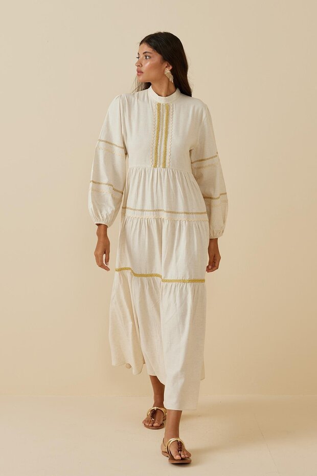 Çok Şeritli Keten Elbise Bej - 5