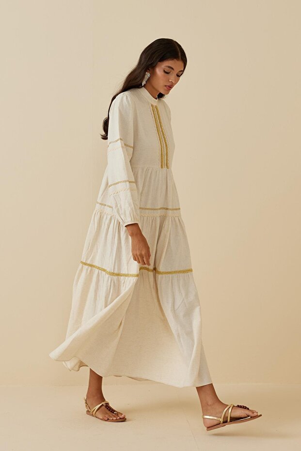 Çok Şeritli Keten Elbise Bej - 6