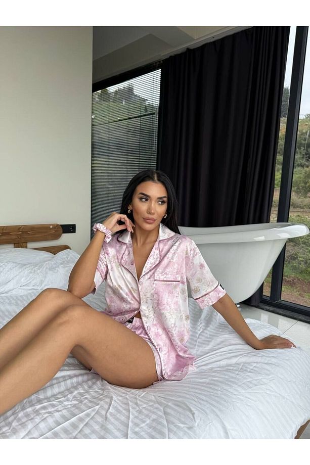 İpek Saten Şortlu Pijama Takımı-S - 7