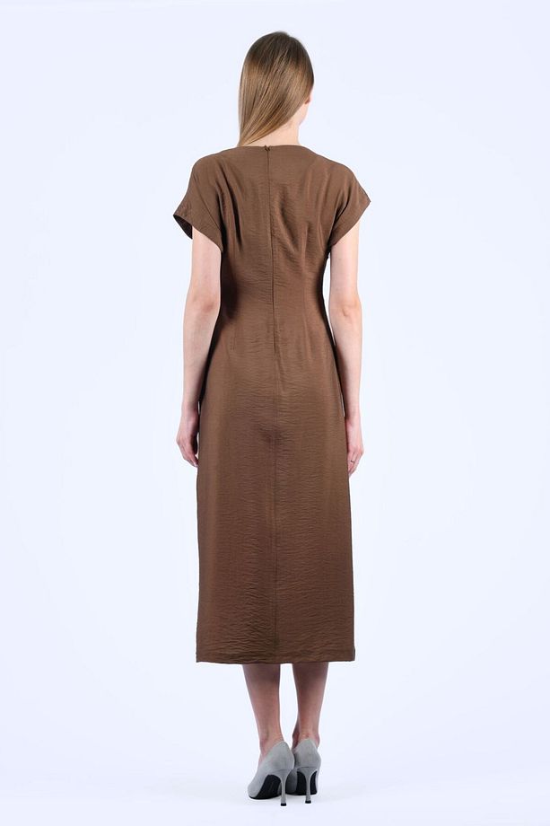 Kahve Kendinden Kemerli Midi Elbise - QE339 - 5