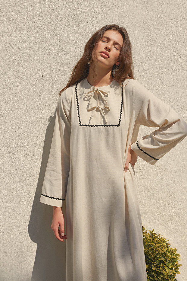 Rahat Keten Elbise Bej - 7