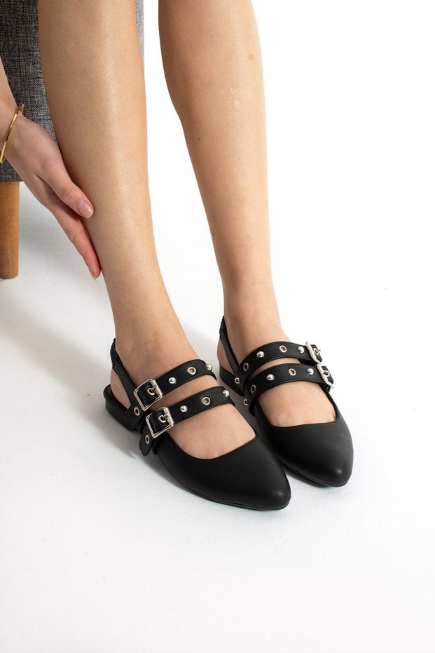 Black Women's Trock Standing Detailed Detaled Ulaşmez Soft Ground Ballerinas