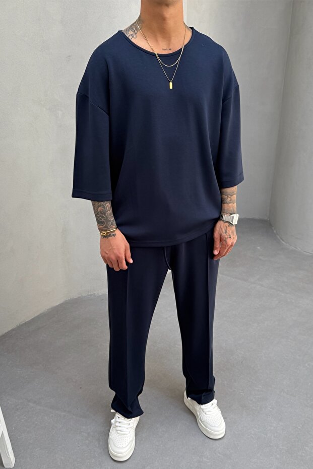 Men's Oversized Kalıp Oyaho Fabric Navy Blue Top and Bottom Set Ke-0112