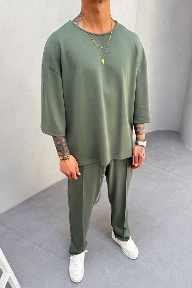 Men's Oversize Fit Oyaho Fabric Green T-Shirt Pants Bottom Top Set Ke-0112