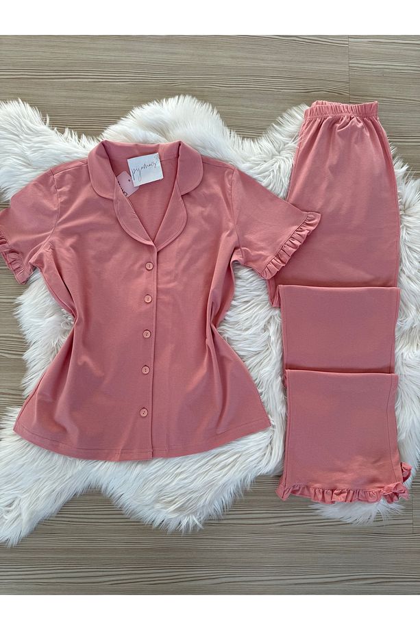 Gül Kurusu Pamuklu Kol ve Paça Fırfır Detaylı Kısa Kol Önden Düğmeli Pijama Takımı - 1