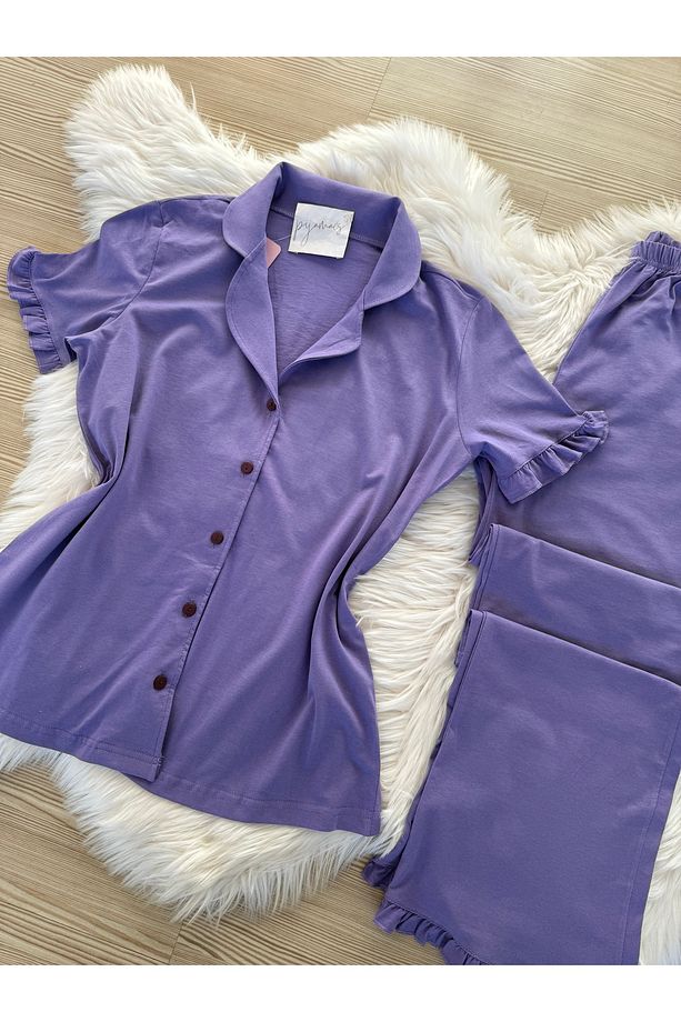 Mor Pamuklu Kol ve Paça Fırfır Detaylı Kısa Kol Önden Düğmeli Pijama Takımı - 7