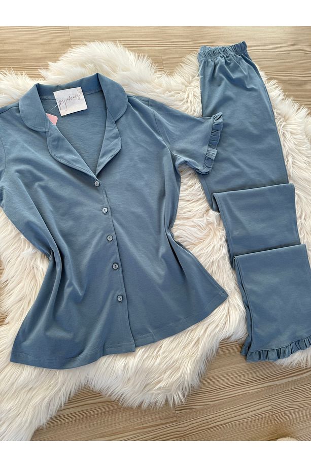 Mavi Pamuklu Kol ve Paça Fırfır Detaylı Kısa Kol Önden Düğmeli Pijama Takımı - 6