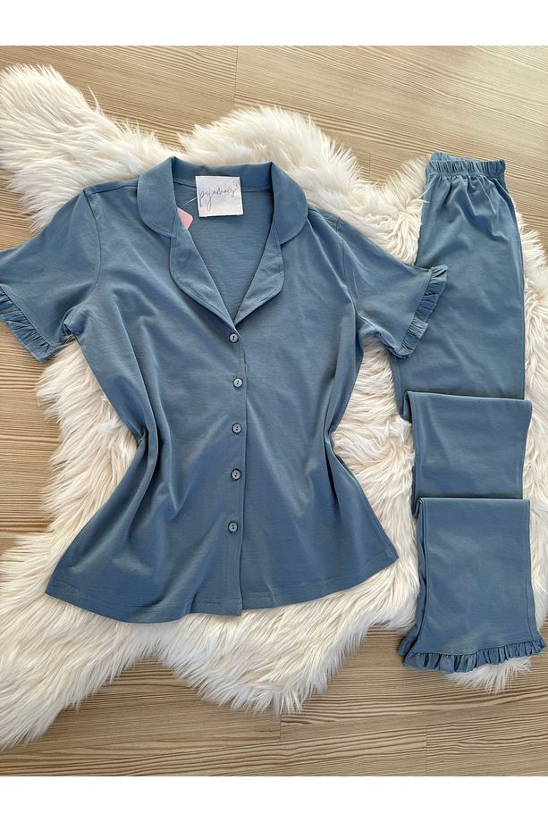 Mavi Pamuklu Kol ve Paça Fırfır Detaylı Kısa Kol Önden Düğmeli Pijama Takımı - 2
