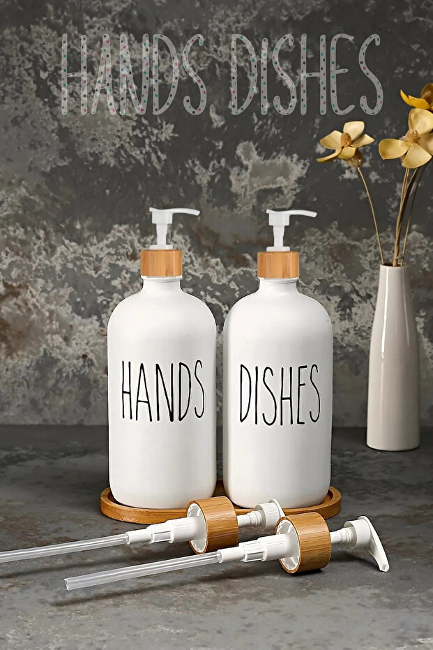 2 Li Hands Dishes Black White Decorative Kitchen Bathroom Liquid Glass Soap Dispenser Set 500ml Set with Bamboo Stand